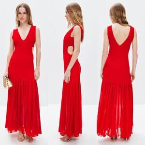 Ronny Kobo X RTR Dress Knit Side Cut Out V-Neck Pleated Hem Maxi Red Medium